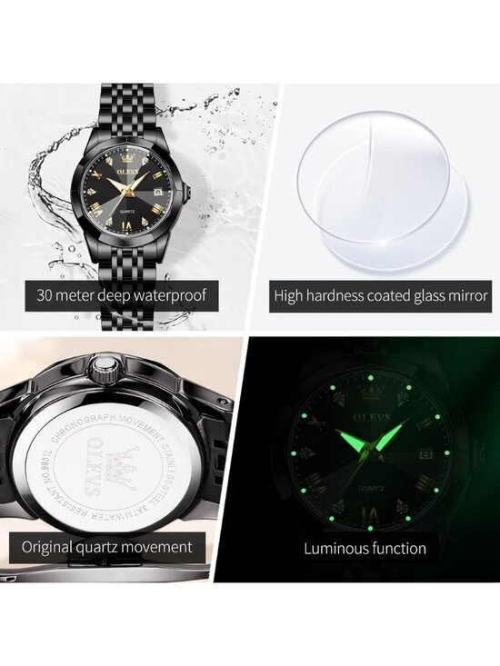 Women\'s All Black Analog Diamond Stainless Steel Waterproof Elegant Luxury Watch